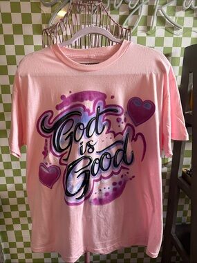 Pink Graphic 'God is Good' Short Sleeve Tee